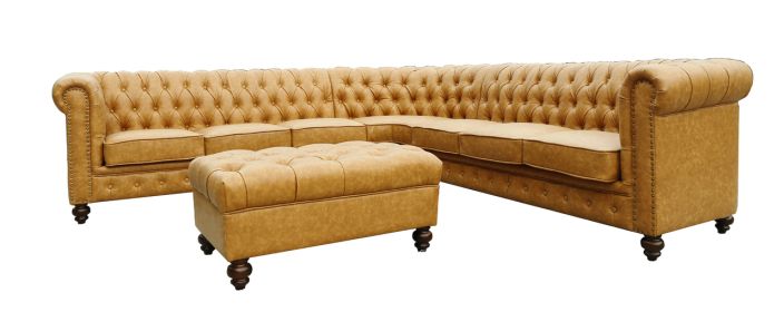 Classic Chesterfield Tan Sectional with Ottoman(KIT)