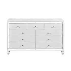 Glamorous Metallic White Finish Dresser of 9x Drawers Faux Crystal Knobs Modern Bedroom Furniture