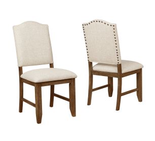 Transitional Relaxed Vintage Style 2pc Warm Brown and Beige Finish Nailhead Trim Side Chairs Standard Height Dining Chairs Fabric Upholstery