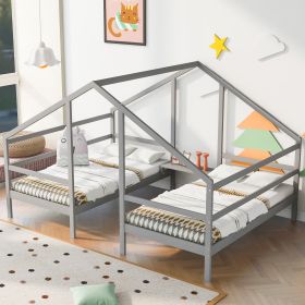 Double Twin Size Triangular House Beds with Built-in Table,Gray