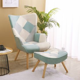 Accent Chair with Ottoman, Living Room Chair and Ottoman Set, Comfy Side Armchair for Bedroom, Creative Splicing Cloth Surface, Blue