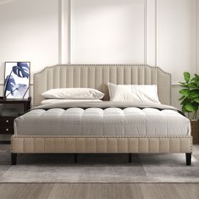 Modern Linen Curved Upholstered Platform Bed , Solid Wood Frame , Nailhead Trim, Beige (King)