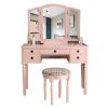 Dresser Three-Fold Square Mirror Drawers Roman Column Table/Stool Fluorescent Pink