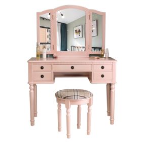 Dresser Three-Fold Square Mirror Drawers Roman Column Table/Stool Fluorescent Pink