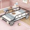 Metal Twin Size Car-shaped Platform Bed with Wheels and Headlights Decoration, Black