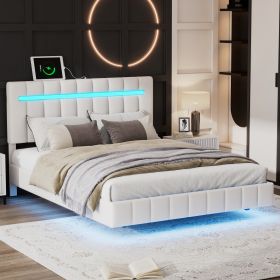 Full Size Floating Bed Frame with LED Lights and USB Charging,Modern Upholstered Platform LED Bed Frame,White(Full)