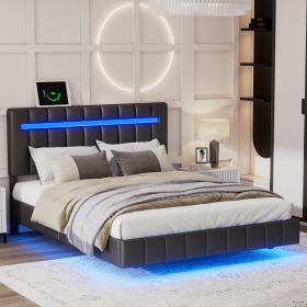 Full Size Floating Bed Frame with LED Lights and USB Charging,Modern Upholstered Platform LED Bed Frame,Black(Full)