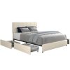 Vera Queen Size Ivory Velvet Upholstered Platform Bed with Patented 4 Drawers Storage, Square Stitched Button Tufted Headboard, Wooden Slat Mattress S