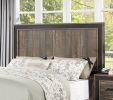 Oak Finish 1pc Queen Size Bed High Headboard MDF Particle Board Bedroom Furniture Bedframe Unique Panel Design