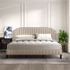 Modern Linen Curved Upholstered Platform Bed , Solid Wood Frame , Nailhead Trim, Beige (King)