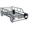 Metal Twin Size Car-shaped Platform Bed with Wheels and Headlights Decoration, Black