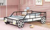 Metal Twin Size Car-shaped Platform Bed with Wheels and Headlights Decoration, Black