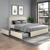 Anna Queen Size Ivory Velvet Upholstered Wingback Platform Bed with Patented 4 Drawers Storage, Modern Design Headboard with Tight Channel, Wooden Sla