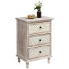 FCH 3 Drawer Iron Sheet Carving Nightstand for Bedroom, Wide Storage Cabinet for Living Room Home Entryway, Washed White
