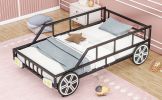 Metal Twin Size Car-shaped Platform Bed with Wheels and Headlights Decoration, Black