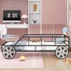 Metal Twin Size Car-shaped Platform Bed with Wheels and Headlights Decoration, Black