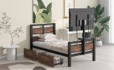 Twin Size Metal Platform Bed with MDF Headboard and Footboard,Two Storage Drawers and Rotatable TV Stand,Black