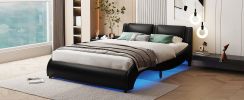 Full Size Upholstered Faux Leather Platform Bed with LED Light Bed Frame with Slatted - Black