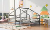 Double Twin Size Triangular House Beds with Built-in Table,Gray