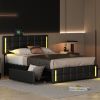 Queen Size Upholstered Platform Bed with LED Lights and USB Charging, Storage Bed with 4 Drawers, Black(Old SKU:WF302558AAB)