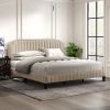 Modern Linen Curved Upholstered Platform Bed , Solid Wood Frame , Nailhead Trim, Beige (King)