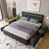 Bed Frame Queen Size, Upholstered Platform Bed Frame with 4 Storage Drawers and LED Lights & Adjustable Headboard,No Box Spring Needed,Grey