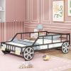 Metal Twin Size Car-shaped Platform Bed with Wheels and Headlights Decoration, Black