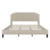 Modern Linen Curved Upholstered Platform Bed , Solid Wood Frame , Nailhead Trim, Beige (King)