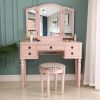 Dresser Three-Fold Square Mirror Drawers Roman Column Table/Stool Fluorescent Pink