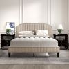 Modern Linen Curved Upholstered Platform Bed , Solid Wood Frame , Nailhead Trim, Beige (King)