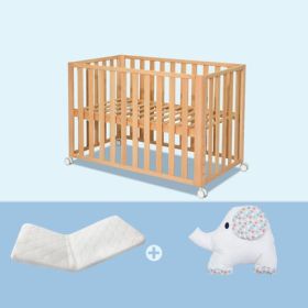 Beech Solid Wood Splicing Movable Multi-functional Crib (Option: Native beech-Mattress and baby elephant bed)