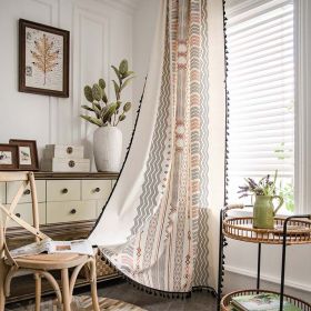 Boho Cream Cotton And Linen Print Sun Shade Non-punched Curtain Fabric (Option: Pole fringed curtains-W150xH300CM)