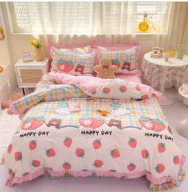 Cotton 100 Princess Wind Quilt Cover Cartoon Student Dormitory Bed (Option: Strawberry Land-1.8m bed sheet set of four)