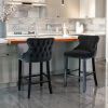 Contemporary Velvet Upholstered Wing-Back Barstools with Button Tufted Decoration and Wooden Legs;  and Chrome Nailhead Trim;  Leisure Style Bar Chair