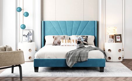Queen Size Velvet Upholstered Platform Bed, Box Spring Needed (Color: Blue)