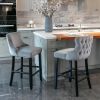 Contemporary Velvet Upholstered Wing-Back Barstools with Button Tufted Decoration and Wooden Legs;  and Chrome Nailhead Trim;  Leisure Style Bar Chair