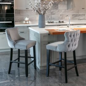 Contemporary Velvet Upholstered Wing-Back Barstools with Button Tufted Decoration and Wooden Legs;  and Chrome Nailhead Trim;  Leisure Style Bar Chair (Color: Gray)