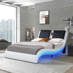 Faux Leather Upholstered Platform Bed Frame with led lighting; Bluetooth connection to play music  RGB control; Backrest vibration massage; Curve Desi (Color: White)