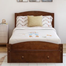 Platform Twin Bed Frame with Storage Drawer and Wood Slat Support No Box Spring Needed (Color: Walnut)