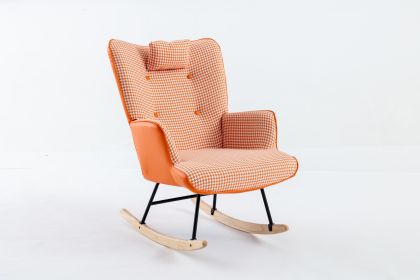 35.5 inch Rocking Chair, Soft Houndstooth Fabric Leather Fabric Rocking Chair for Nursery, Comfy Wingback Glider Rocker with Safe Solid Wood Base for (Color: Orange, Material: Cotton Linen)
