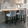 Contemporary Velvet Upholstered Wing-Back Barstools with Button Tufted Decoration and Wooden Legs;  and Chrome Nailhead Trim;  Leisure Style Bar Chair