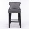 Contemporary Velvet Upholstered Wing-Back Barstools with Button Tufted Decoration and Wooden Legs;  and Chrome Nailhead Trim;  Leisure Style Bar Chair