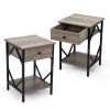 Set of 2 Nightstand Industrial End Table with Drawer;  Storage Shelf and Metal Frame for Living Room;  Bedroom;  XH