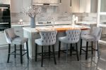 Contemporary Velvet Upholstered Wing-Back Barstools with Button Tufted Decoration and Wooden Legs;  and Chrome Nailhead Trim;  Leisure Style Bar Chair