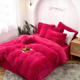 Mink Velvet Four Piece Set Long Plush Crystal Velvet Duvet Cover (Option: Rose red-1.5or1.8m flat sheet)