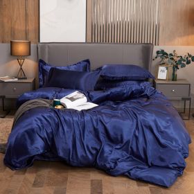 Ice Four-piece Set Cool Bare Sleeping Real Silk Quilt Cover Sheets (Option: Dark Blue-5 Style)